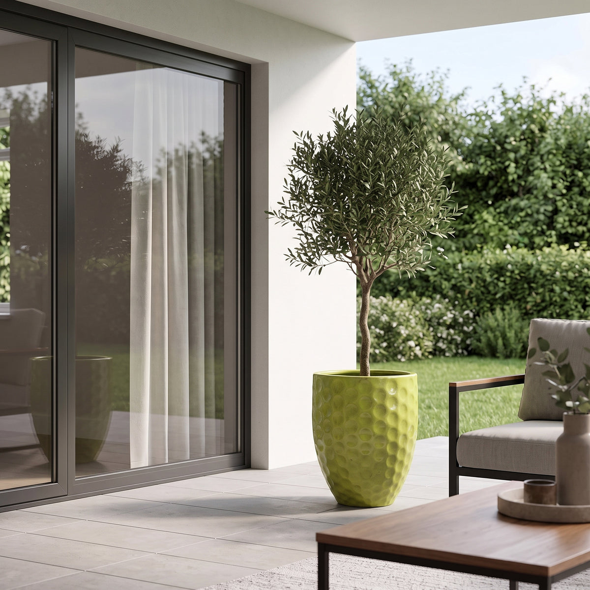 Merovee planter 42 × 55 cm Olive Green in glazed ceramic, olive tree on a garden terrace
