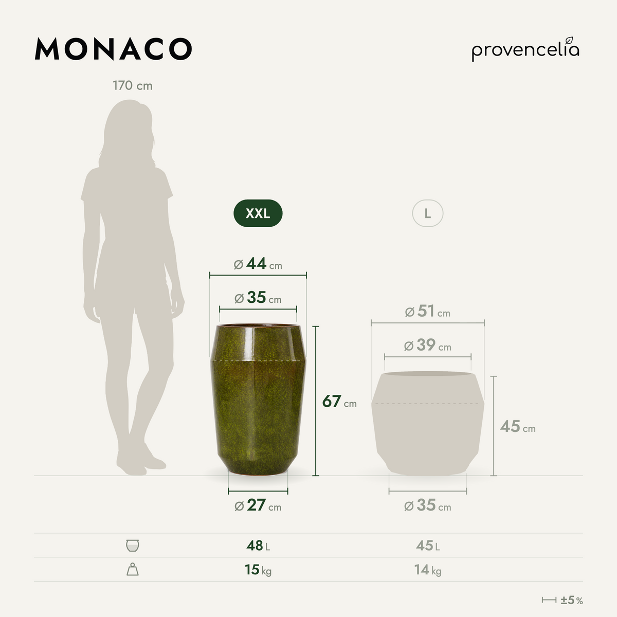 Macetero MONACO decorativo 44x67 cm Verde, vista frontal con dimensiones