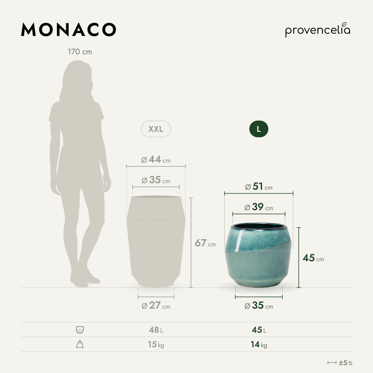 Macetero MONACO decorativo 51x44 cm jade, esquema de las dimensiones del macetero