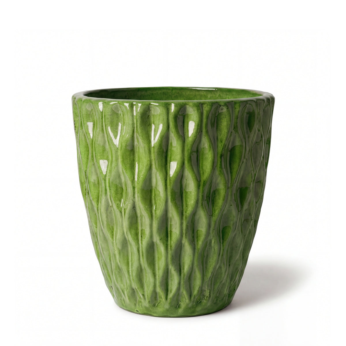 Pot Monet décoratif 38x38 cm vert pomme en terre cuite émaillée, vue de face sur fond blanc