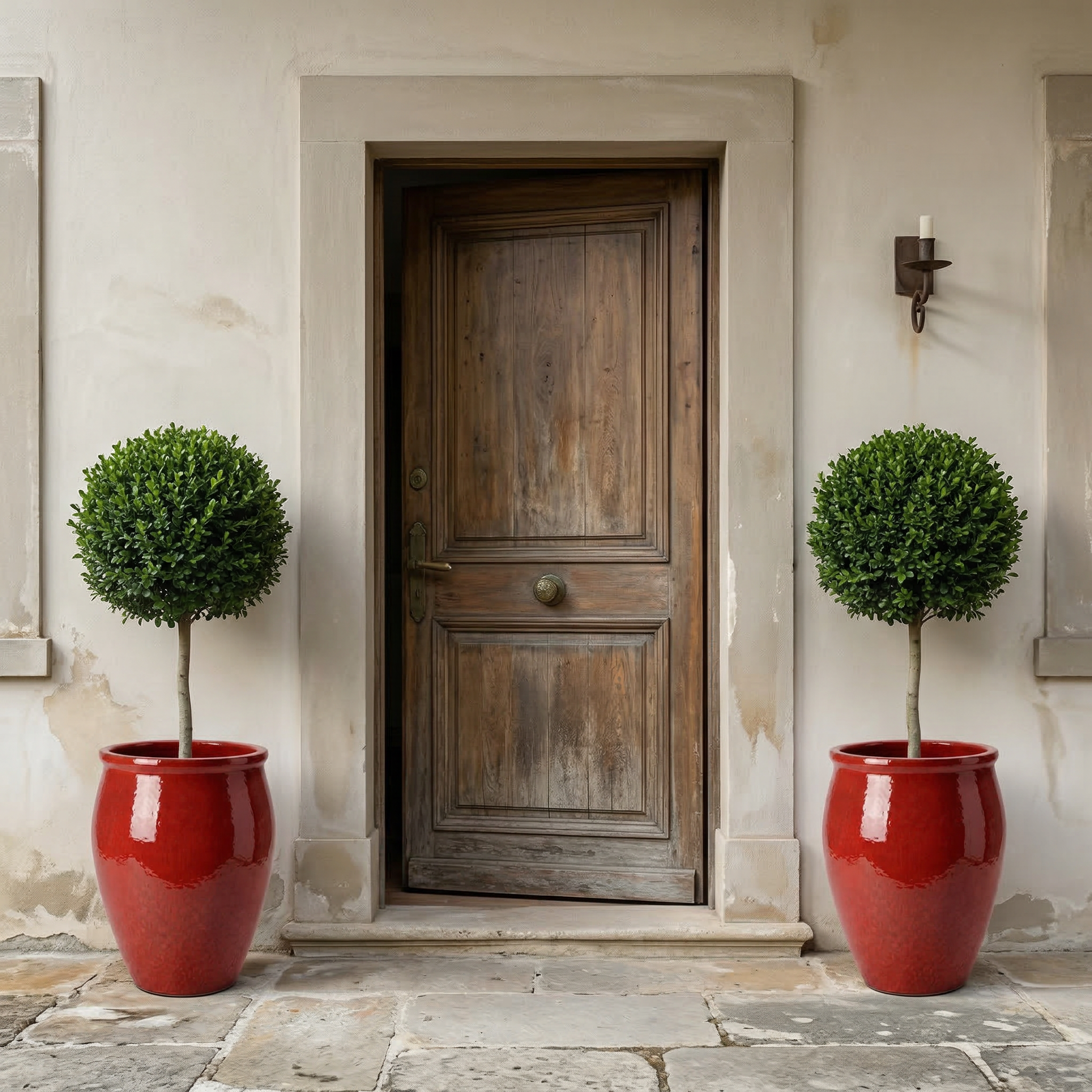 Detailní pohled na keramický květináč BACCHUS - Tropická červená se zastřiženým buxusem na kamenné dlažbě, u kterého žena v bílých šatech pečuje o rostlinu před starými dřevěnými dveřmi.