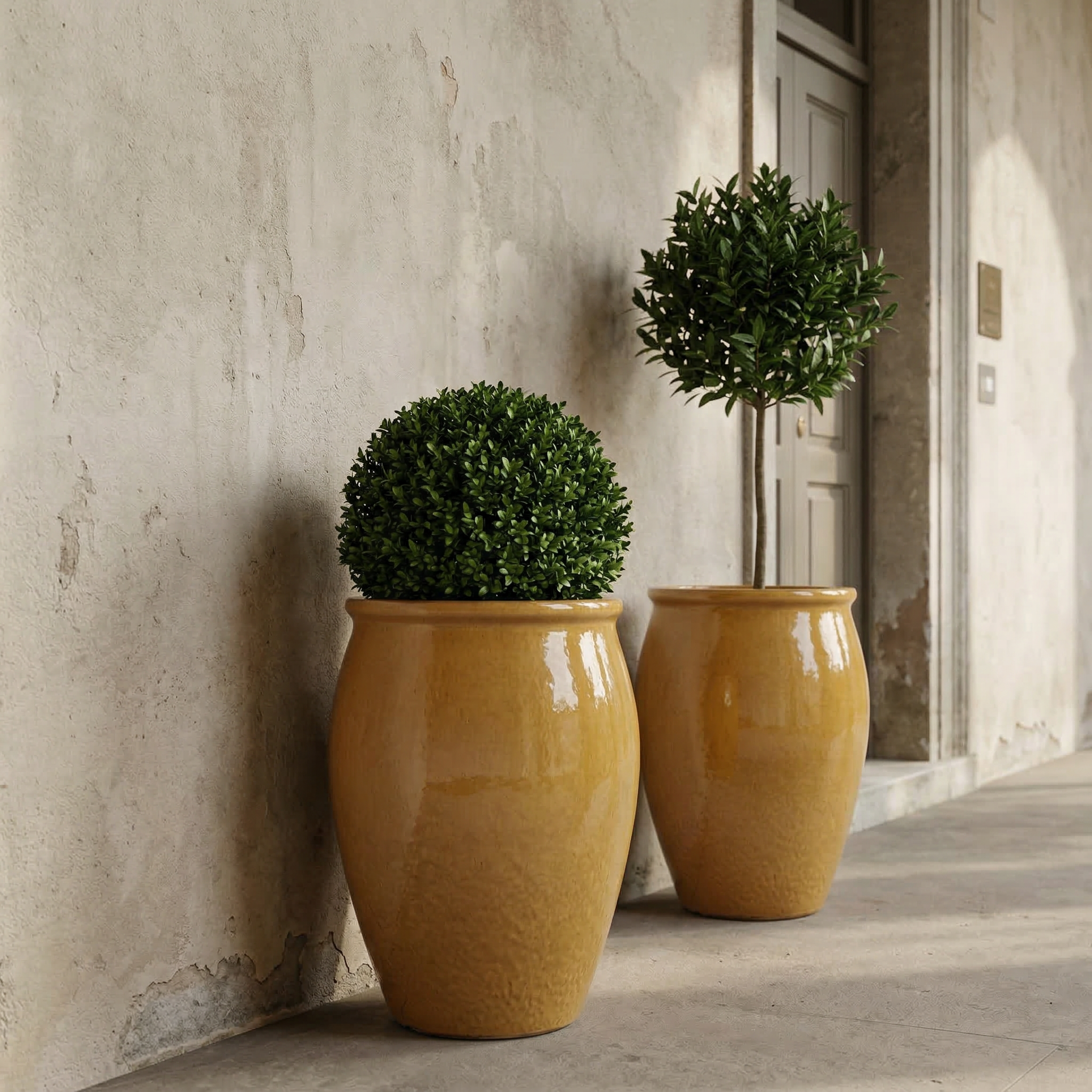 Velký keramický květináč BACCHUS - Pouštní žlutá s kulatým buxusem před starými dřevěnými dveřmi, vedle kterého stojí žena v bílých letních šatech.