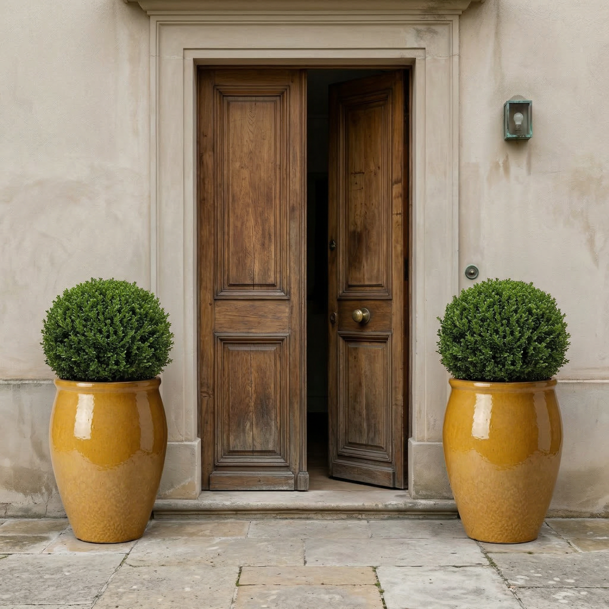 Velký keramický květináč BACCHUS - Pouštní žlutá s kulatým buxusem před starými dřevěnými dveřmi, vedle kterého stojí žena v bílých letních šatech.