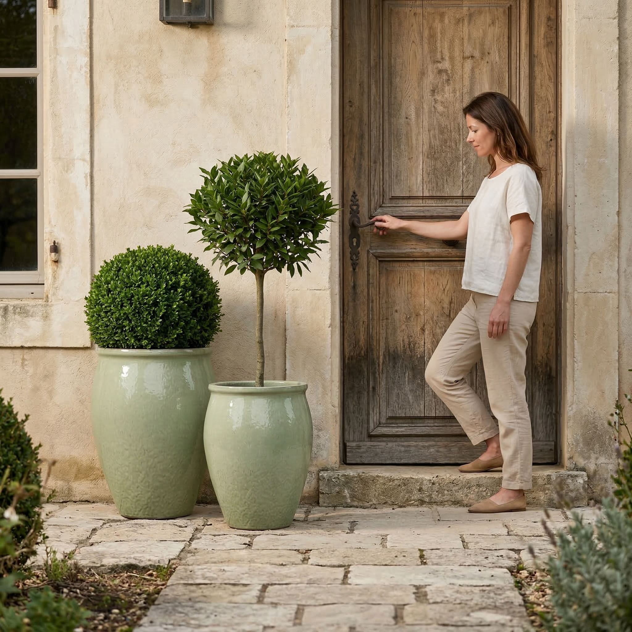 Keramický květináč BACCHUS - Nefritově perlová s kulatým buxusem u starých dřevěných dveří. Žena v bílých letních šatech se jemně dotýká rostliny.