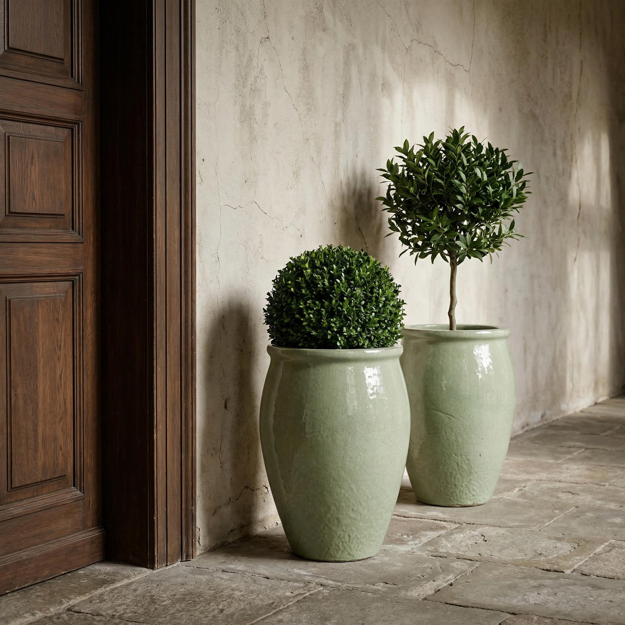 Keramický květináč BACCHUS - Nefritově perlová s kulatým buxusem u starých dřevěných dveří. Žena v bílých letních šatech se jemně dotýká rostliny.