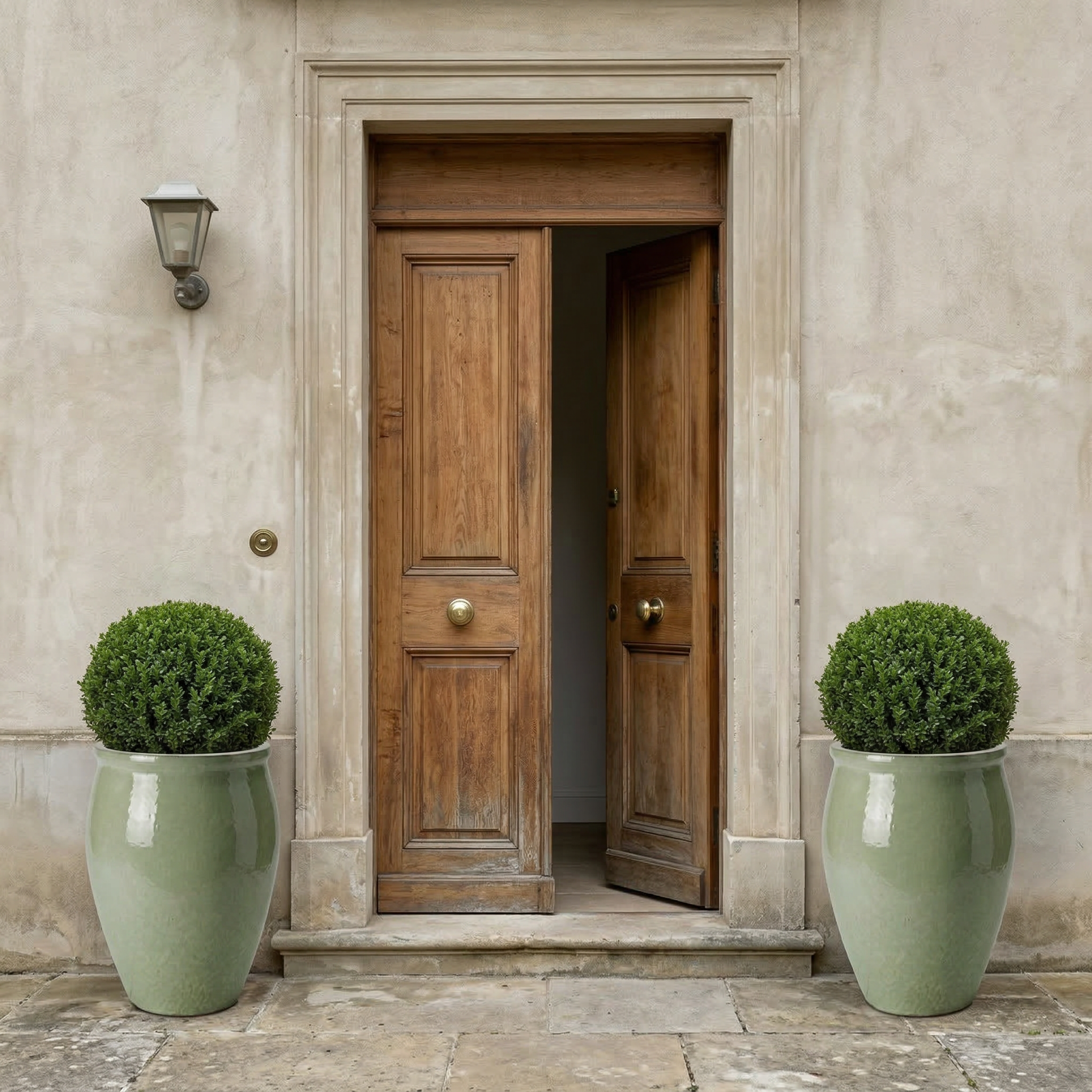 Keramický květináč BACCHUS - Nefritově perlová s kulatým buxusem u starých dřevěných dveří. Žena v bílých letních šatech se jemně dotýká rostliny.