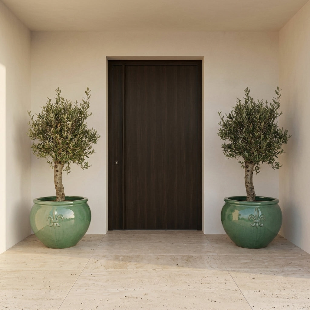 Olivovník v glazovaném keramickém květináči CLOVIS (silný kmen) 86×64 cm — Nefrit, detailní záběr u vchodu do moderní středomořské vily na travertinové dlažbě.