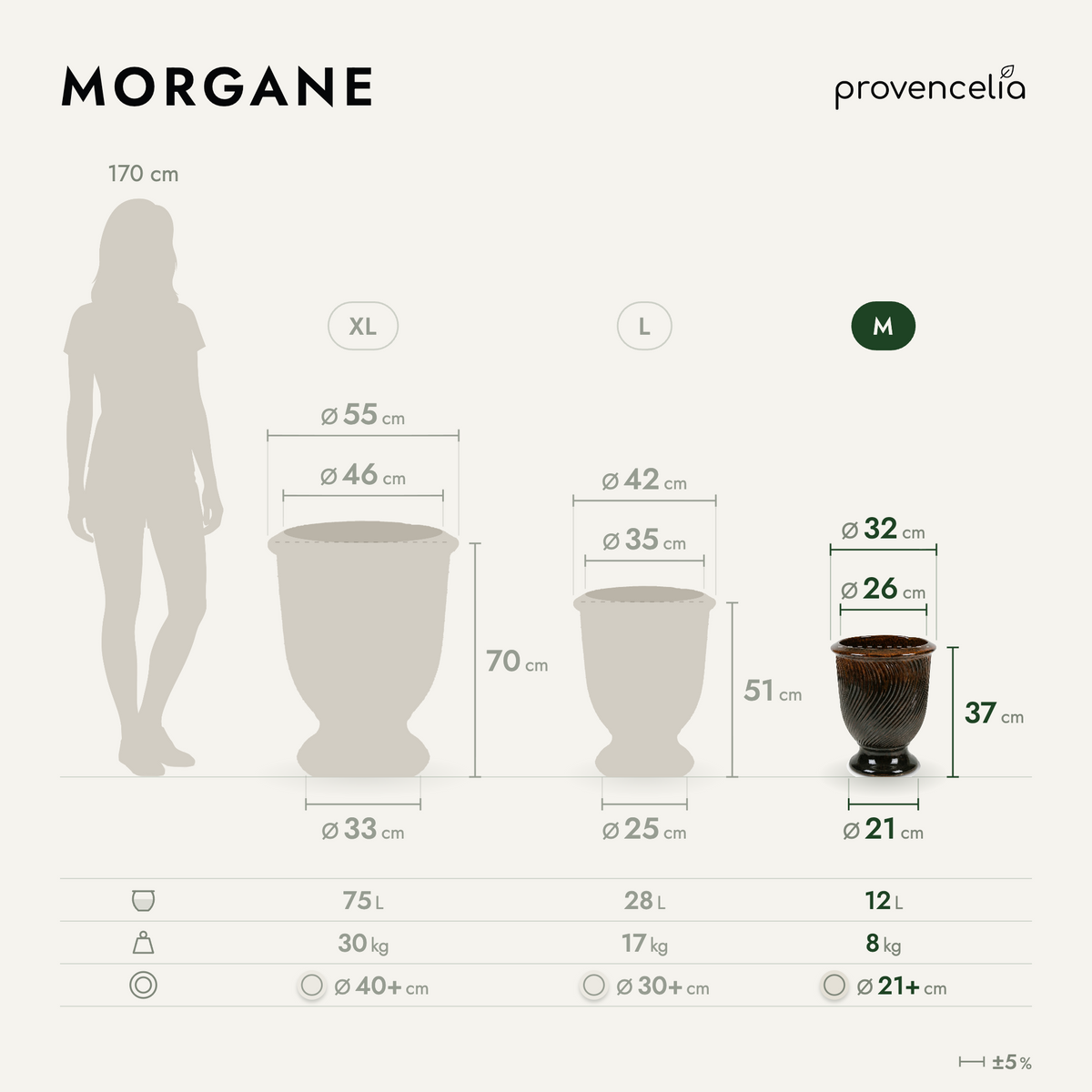 Vaso MORGANE con piede 32x39 cm nero e arancione in ceramica smaltata, schema delle tre dimensioni