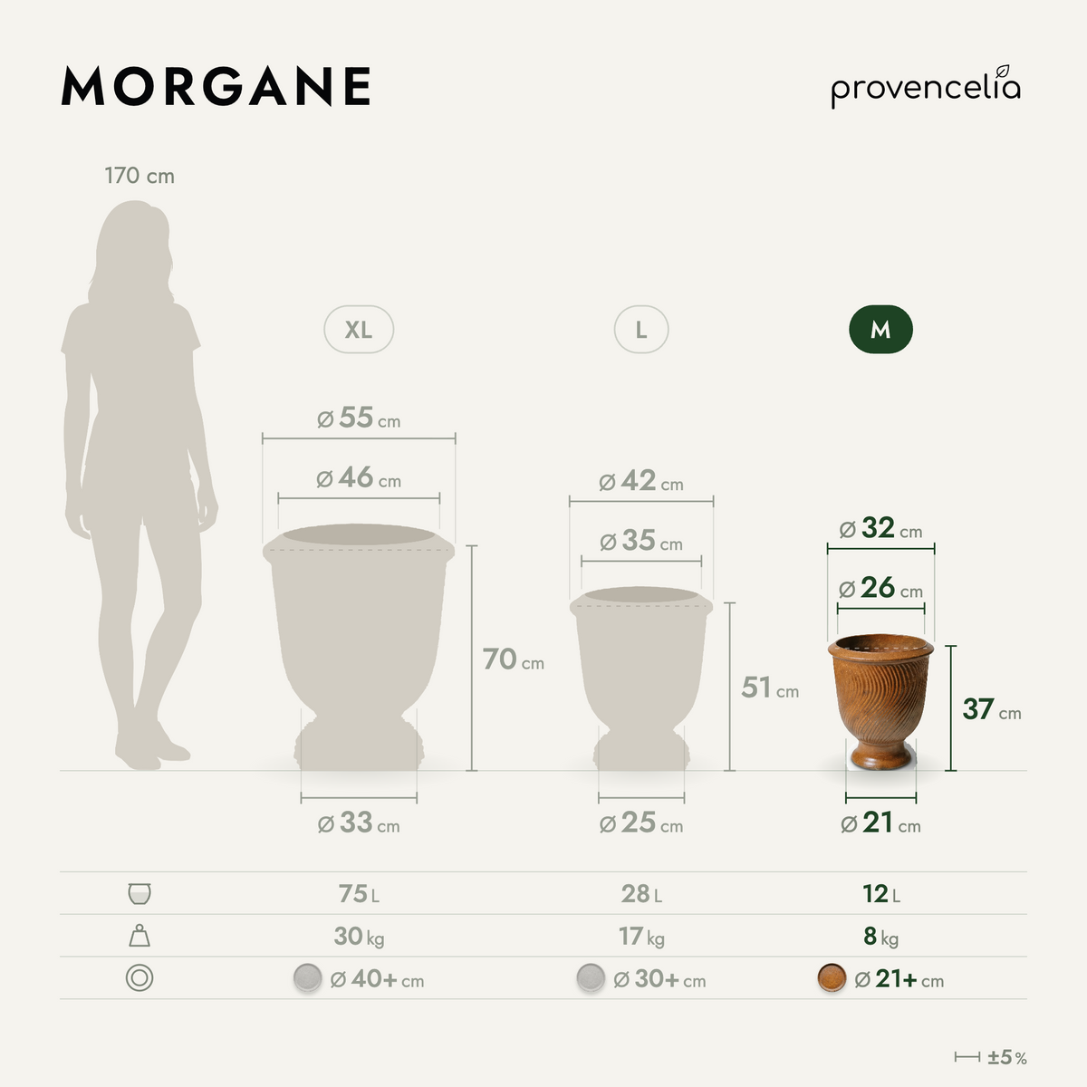 MORGANE planter with pedestal 32 × 39 cm iron finished glazed ceramic, comparative view of sizes