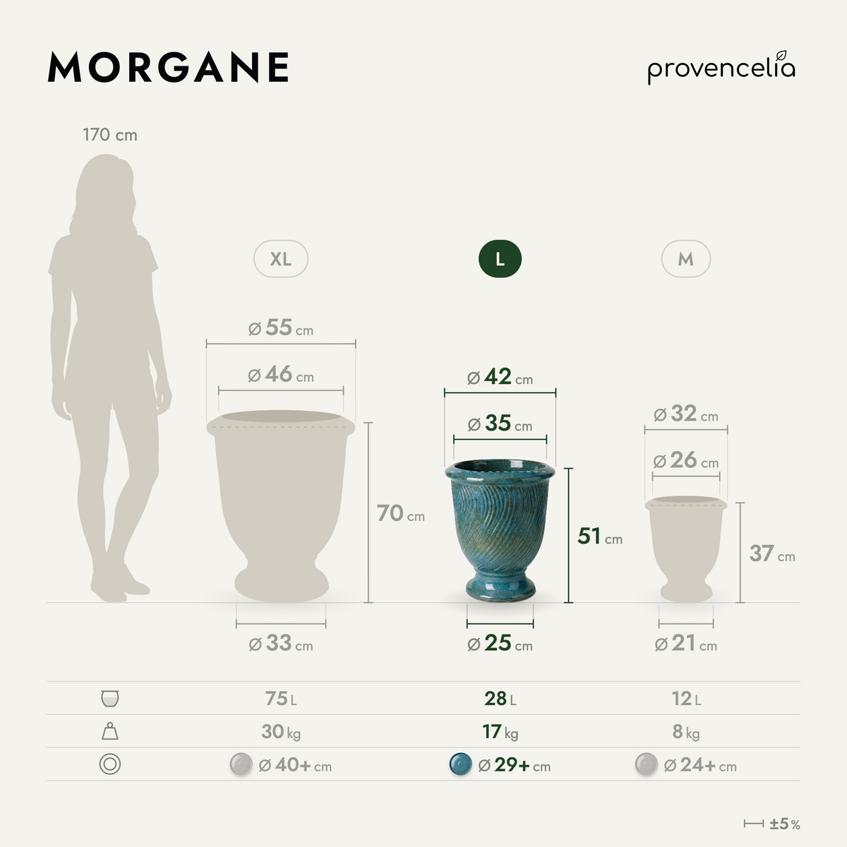 Pot MORGANE avec pied 42x52 cm bleu acier en terre cuite émaillée, vue de face