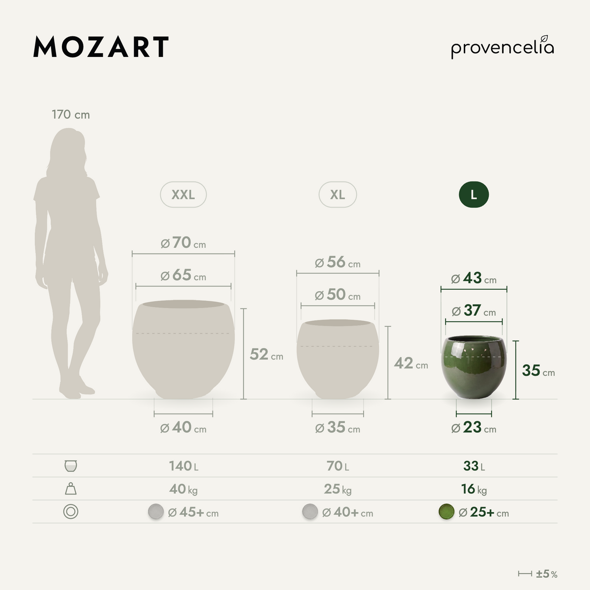 Vaso MOZART decorativo 43x35 cm Verde intenso in ceramica smaltata, schema delle dimensioni e misure