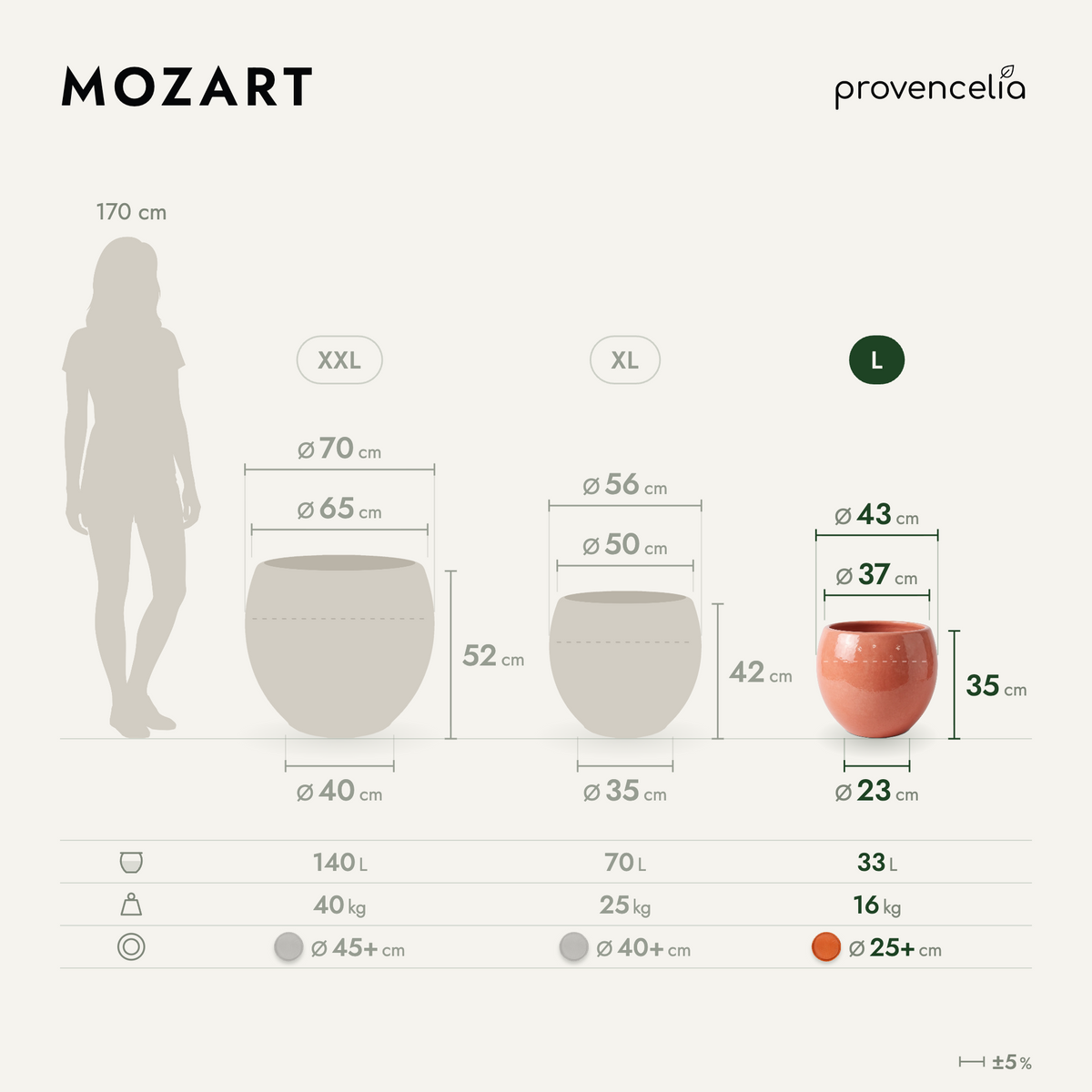 Vaso MOZART decorativo 43x35 cm Aurora in ceramica smaltata, vista comparativa delle dimensioni
