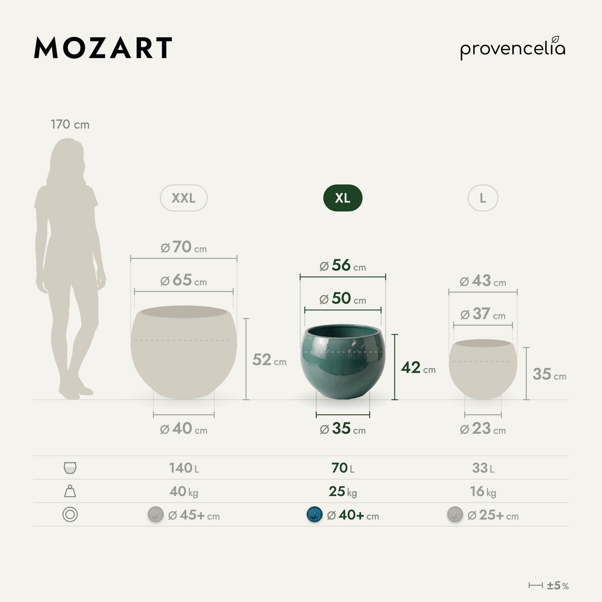 Vaso MOZART decorativo 56x42 cm Bruma di giada in ceramica smaltata, vista comparativa delle tre misure