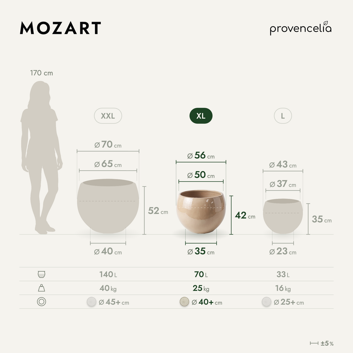 Vaso MOZART decorativo 56x42 cm Crema in ceramica smaltata, vista comparativa delle misure