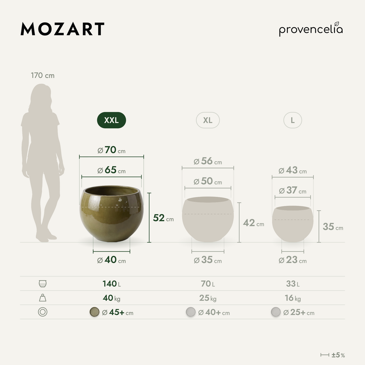 Vaso MOZART decorativo 70x52 cm Tramonto in ceramica smaltata, vista comparativa delle dimensioni