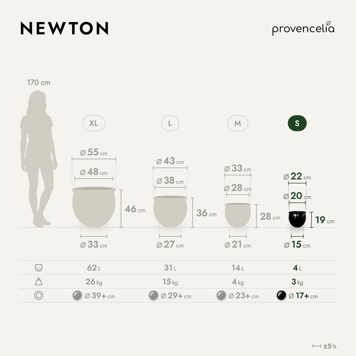 Round NEWTON planter 21x23 cm black glazed ceramic, comparative view of dimensions