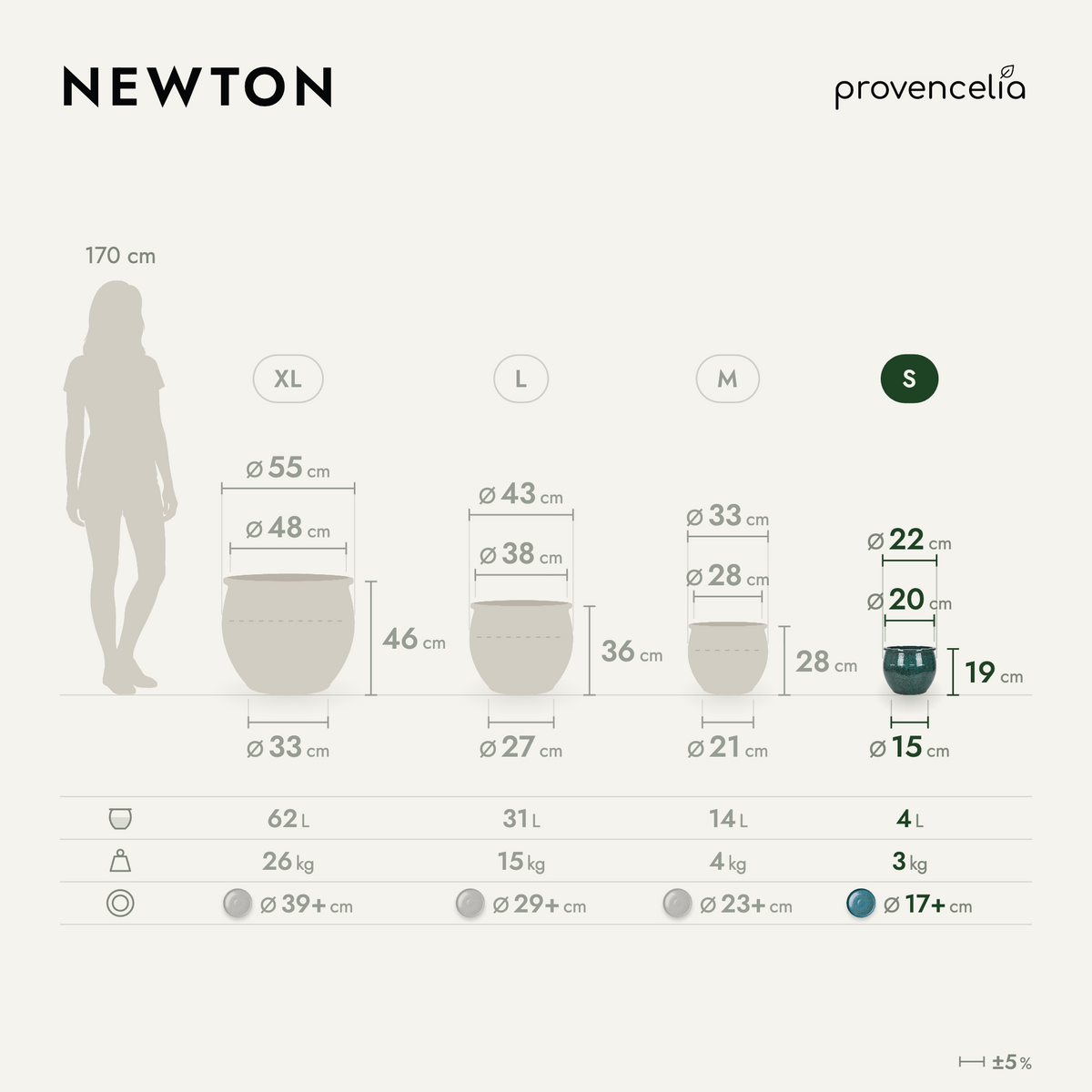 Vaso NEWTON rotondo 21 × 23 cm blu acciaio in ceramica smaltata, schema delle dimensioni e delle misure