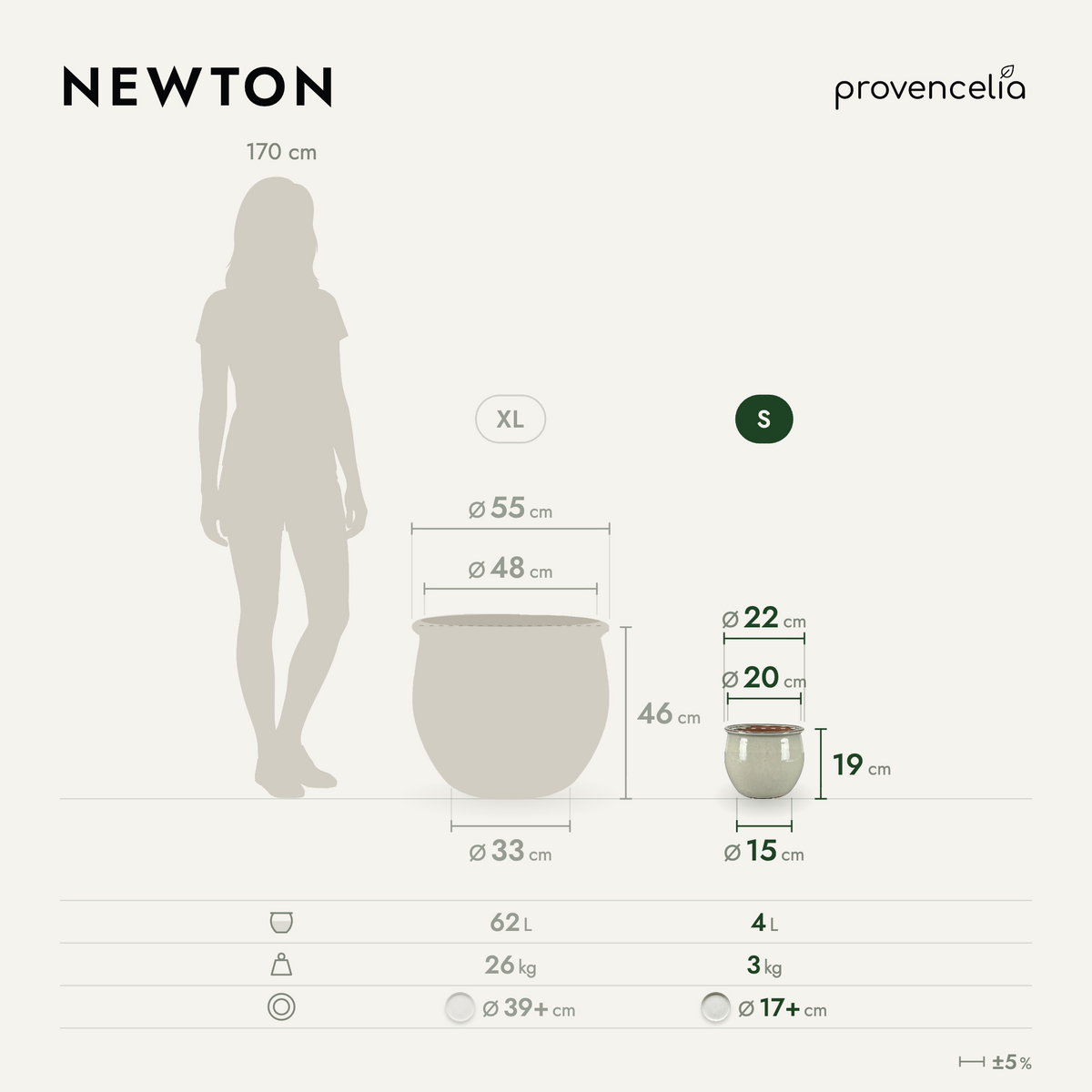 Vaso NEWTON rotondo 21 × 23 cm crema in ceramica smaltata, schema delle dimensioni e delle capacità