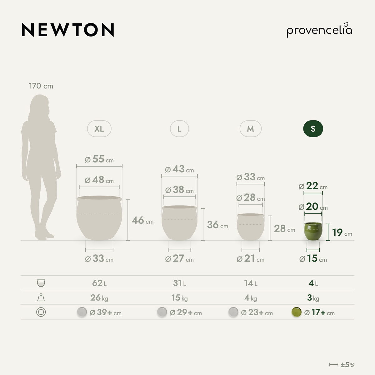Vaso NEWTON rotondo 21 × 23 cm verde oliva in ceramica smaltata, con schema delle dimensioni