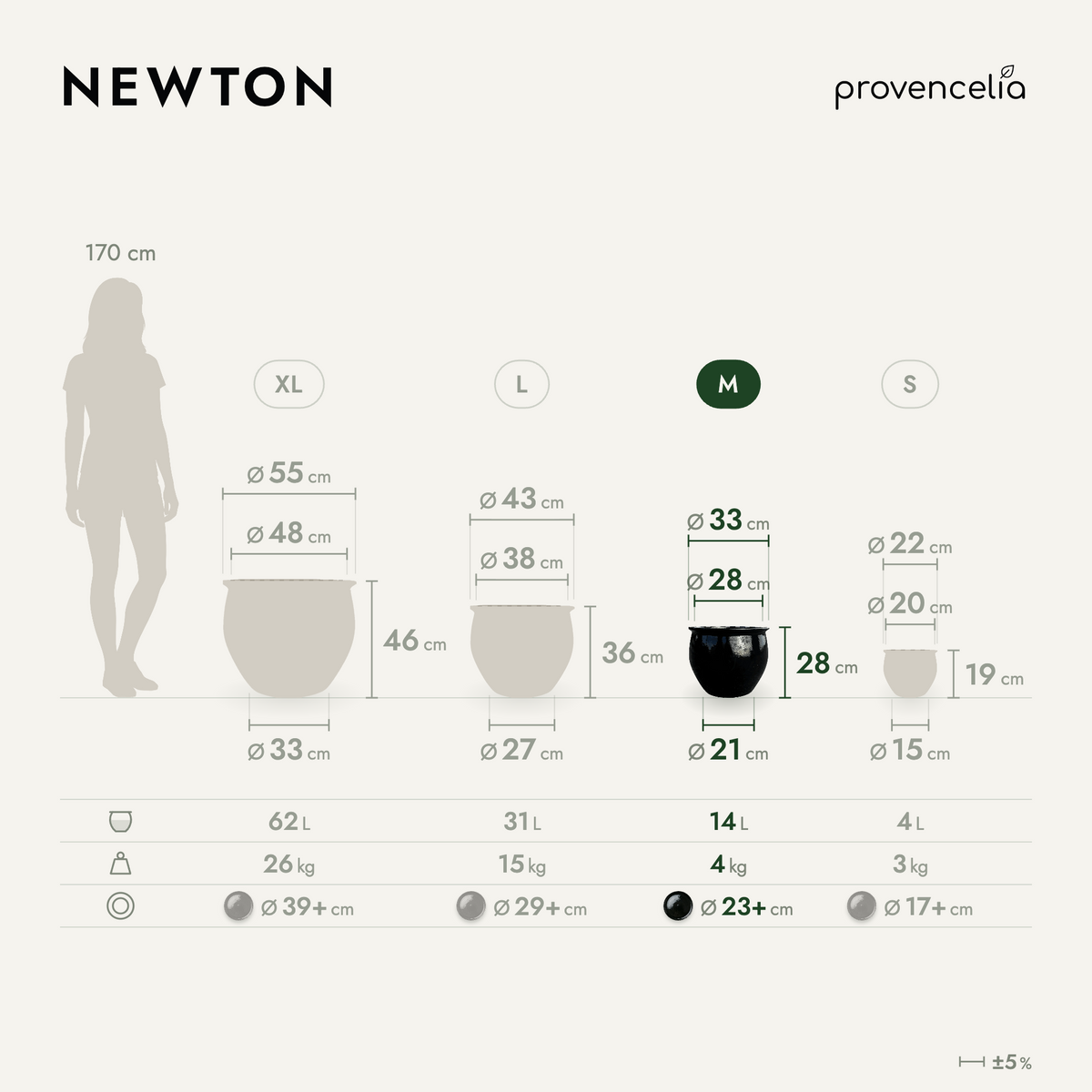 Round NEWTON planter 34x28 cm black glazed ceramic, size M dimensions diagram