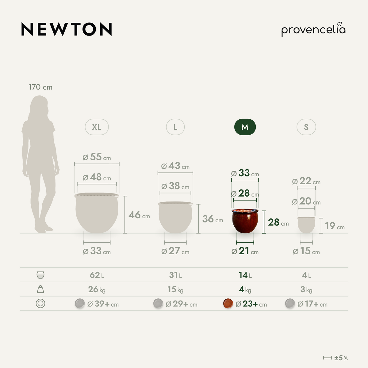 Vaso NEWTON rotondo 34 × 28 cm arancione tropicale in ceramica smaltata, schema delle dimensioni e delle misure