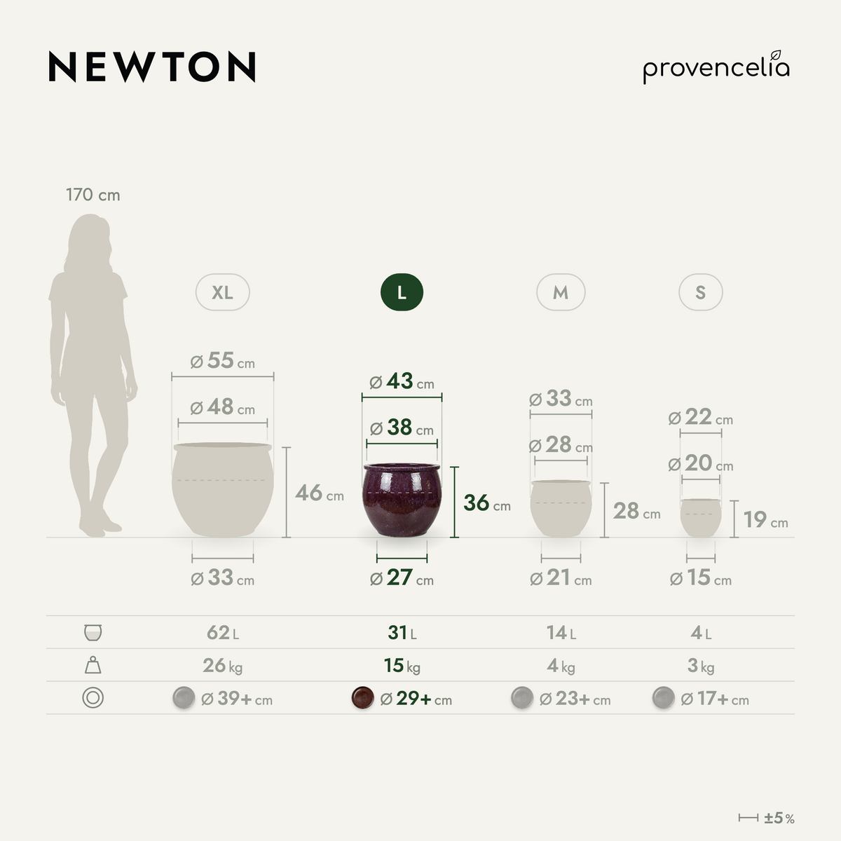 Vaso NEWTON rotondo 44 × 35 cm viola chiaro in ceramica smaltata, presentato in una guida alle misure