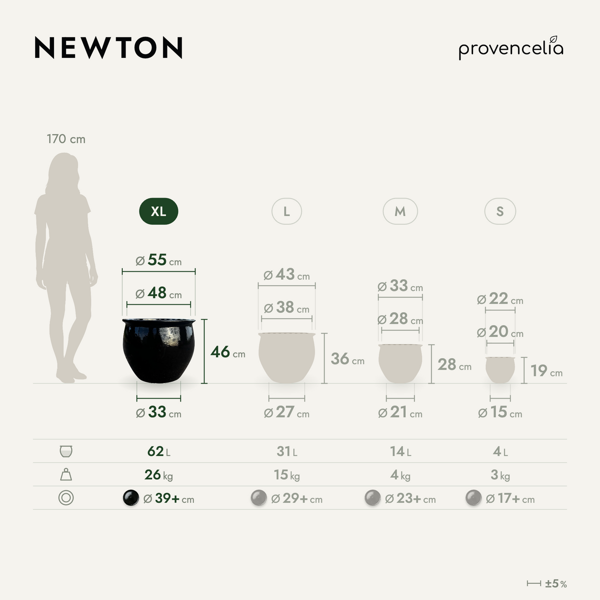 Ronde plantenbak NEWTON 55x46 cm zwart van geglazuurd keramiek, tabel met afmetingen en formaten