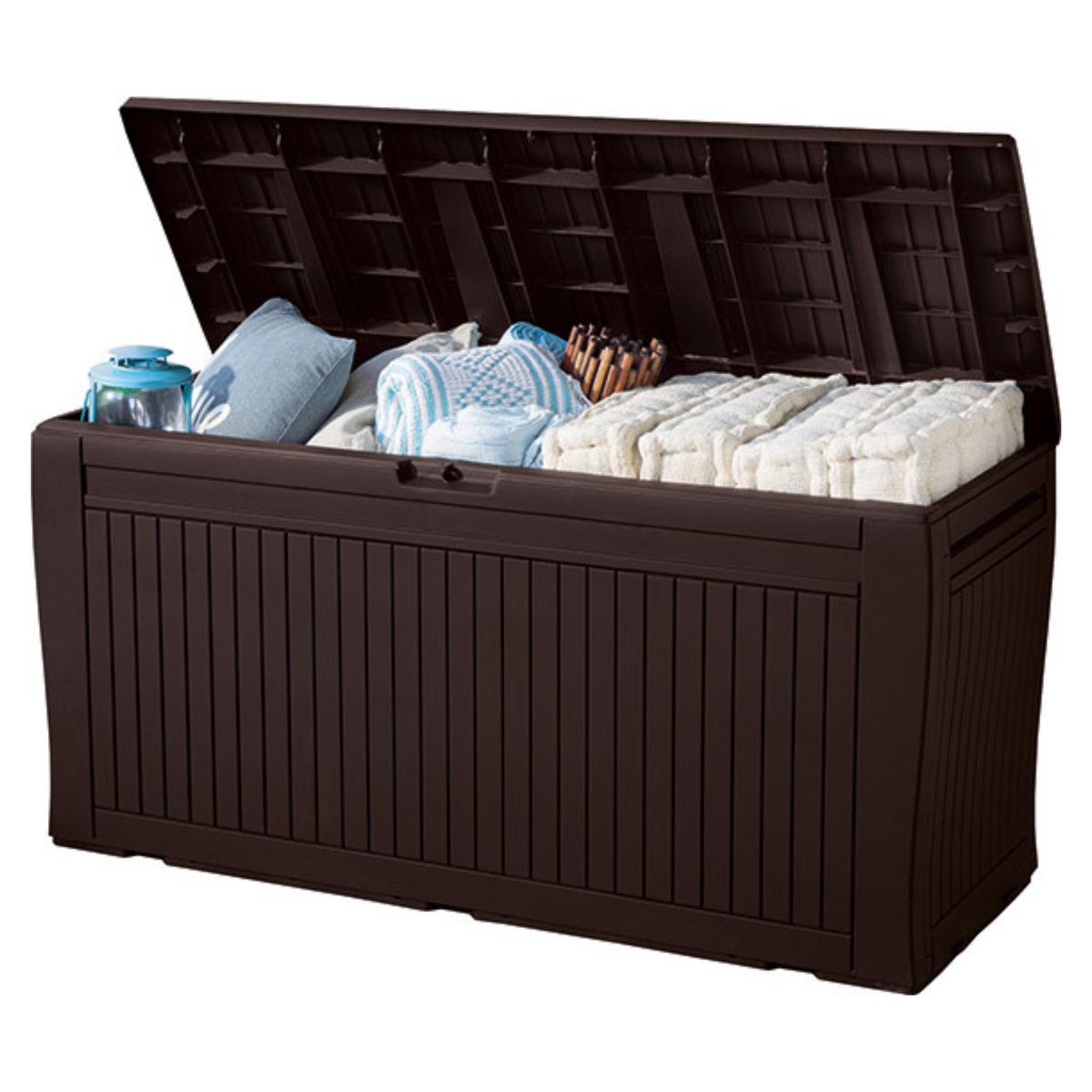 Coffre de jardin Comfy marron ouvert avec coussins et accessoires rangés