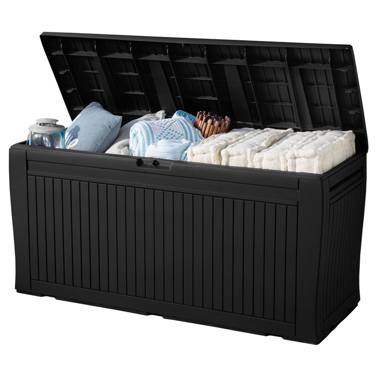 Coffre Comfy graphite ouvert avec coussins et plaids rangés à l'intérieur