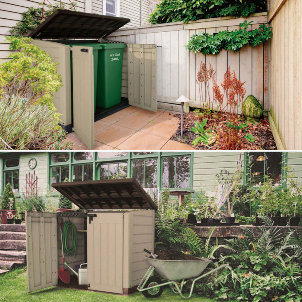 Cassone Store-It-Out Max aperto in un giardino, con bidone e attrezzi da giardinaggio