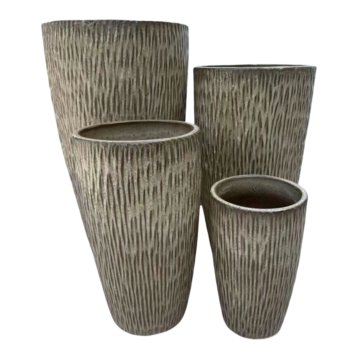 Pot Pagnol décoratif 38x66 cm bronze sablé en terre cuite émaillée, présenté avec trois autres pots