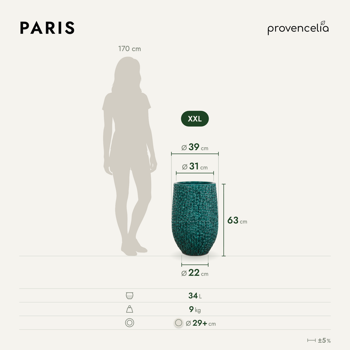 Pot PARIS décoratif 39x63 cm vert forêt en terre cuite émaillée, schéma de dimensions du pot