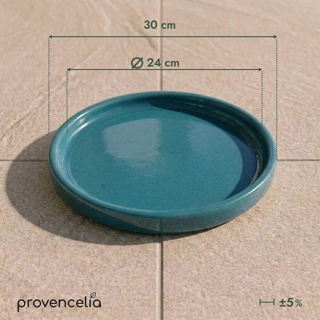 Platillo de 24 cm azul petróleo, vista frontal con dimensiones