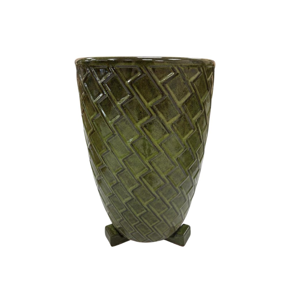 Sottovaso 4 cm Verde intenso, sotto un vaso coordinato su sfondo bianco