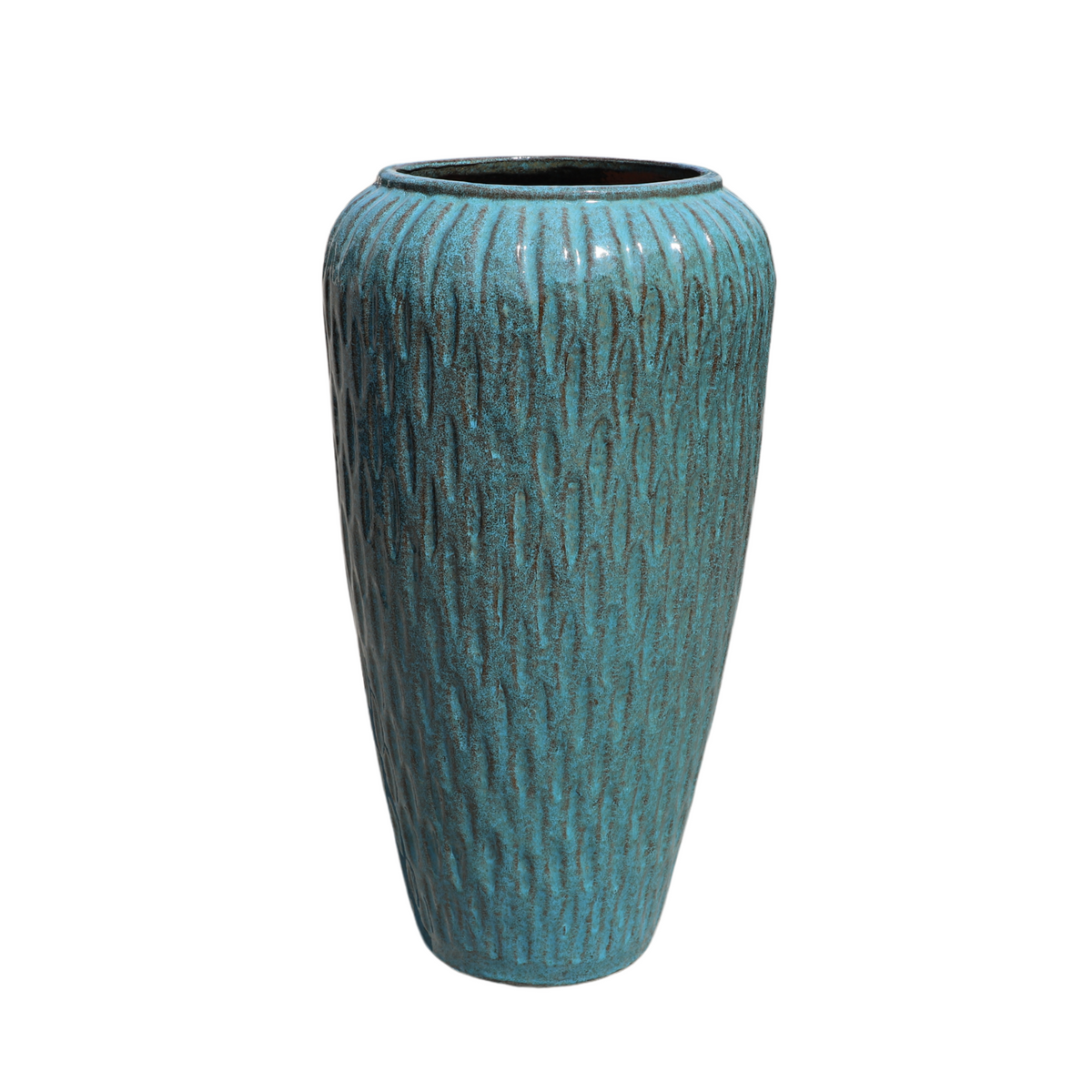 Pot Pompadour en forme d'amphore 30x57 cm bleu acier en terre cuite émaillée, vue de face sur fond blanc