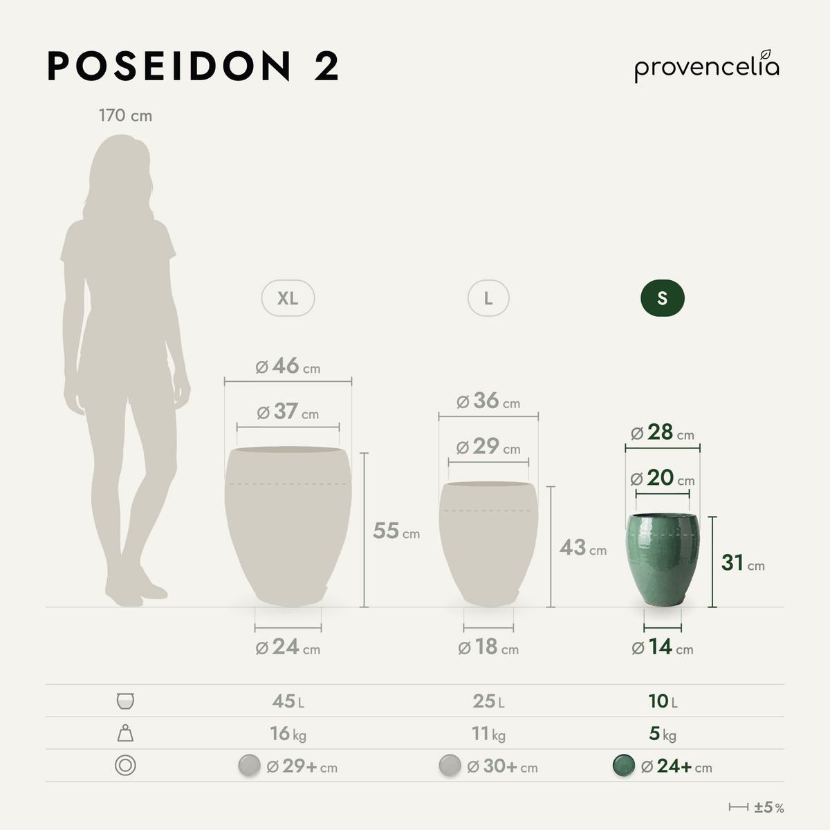 Vaso POSEIDON2 28x31 cm giada in ceramica smaltata, schema delle dimensioni e delle taglie