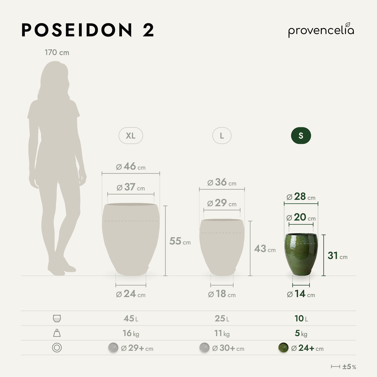 Pot POSEIDON2 28x31 cm vert tropical en terre cuite émaillée, schéma des dimensions et volumes