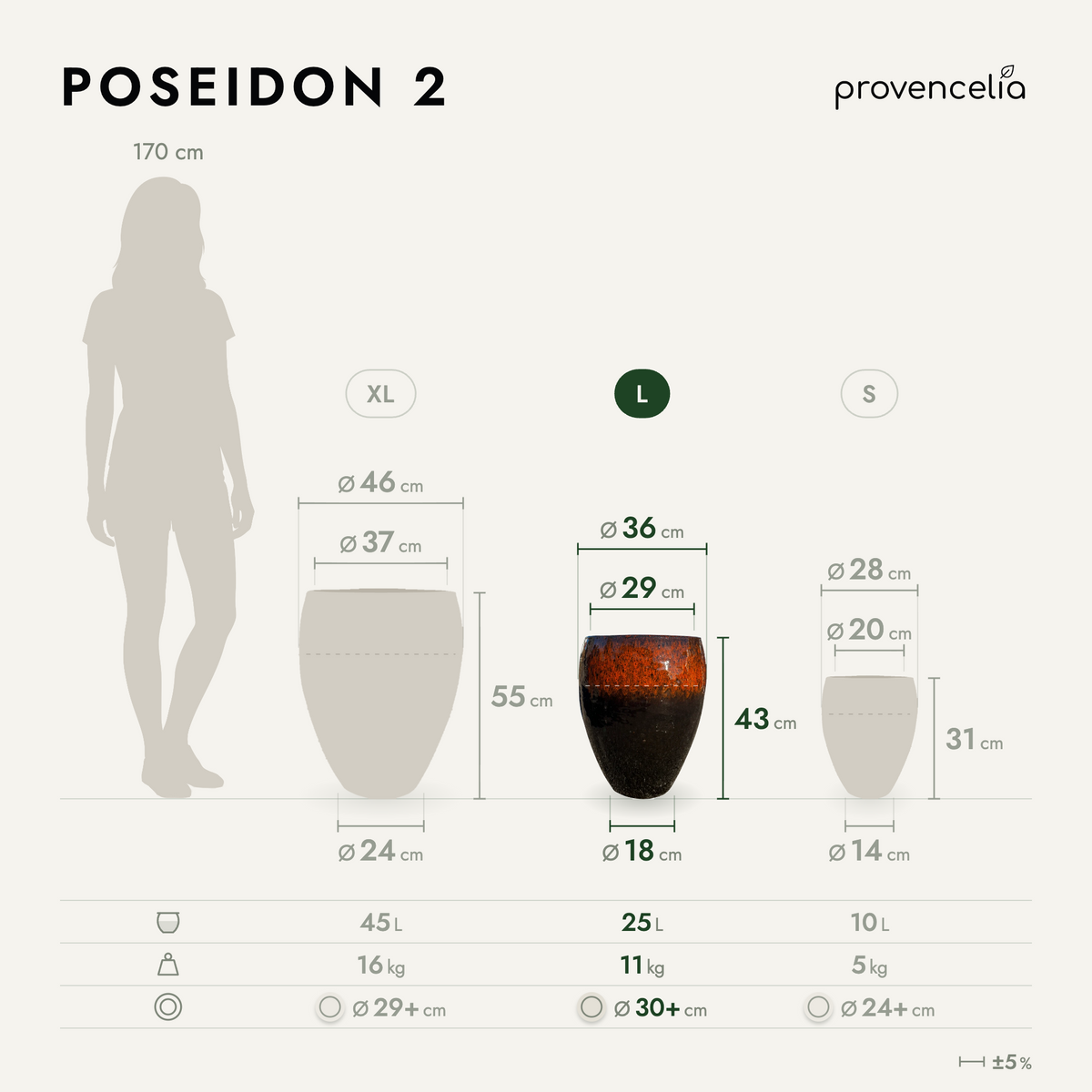 Macetero POSEIDON2 36 × 43 cm negro y naranja de cerámica esmaltada, vista comparativa de tamaños