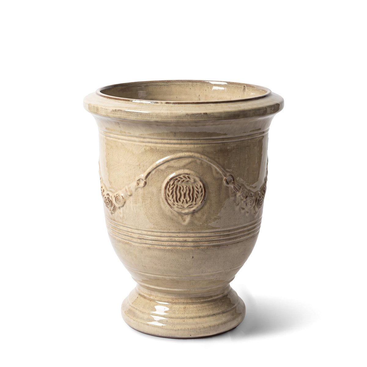 Pot RICHELIEU avec pied 46x56 cm bronze sablé en terre cuite émaillée, vue de face sur fond blanc