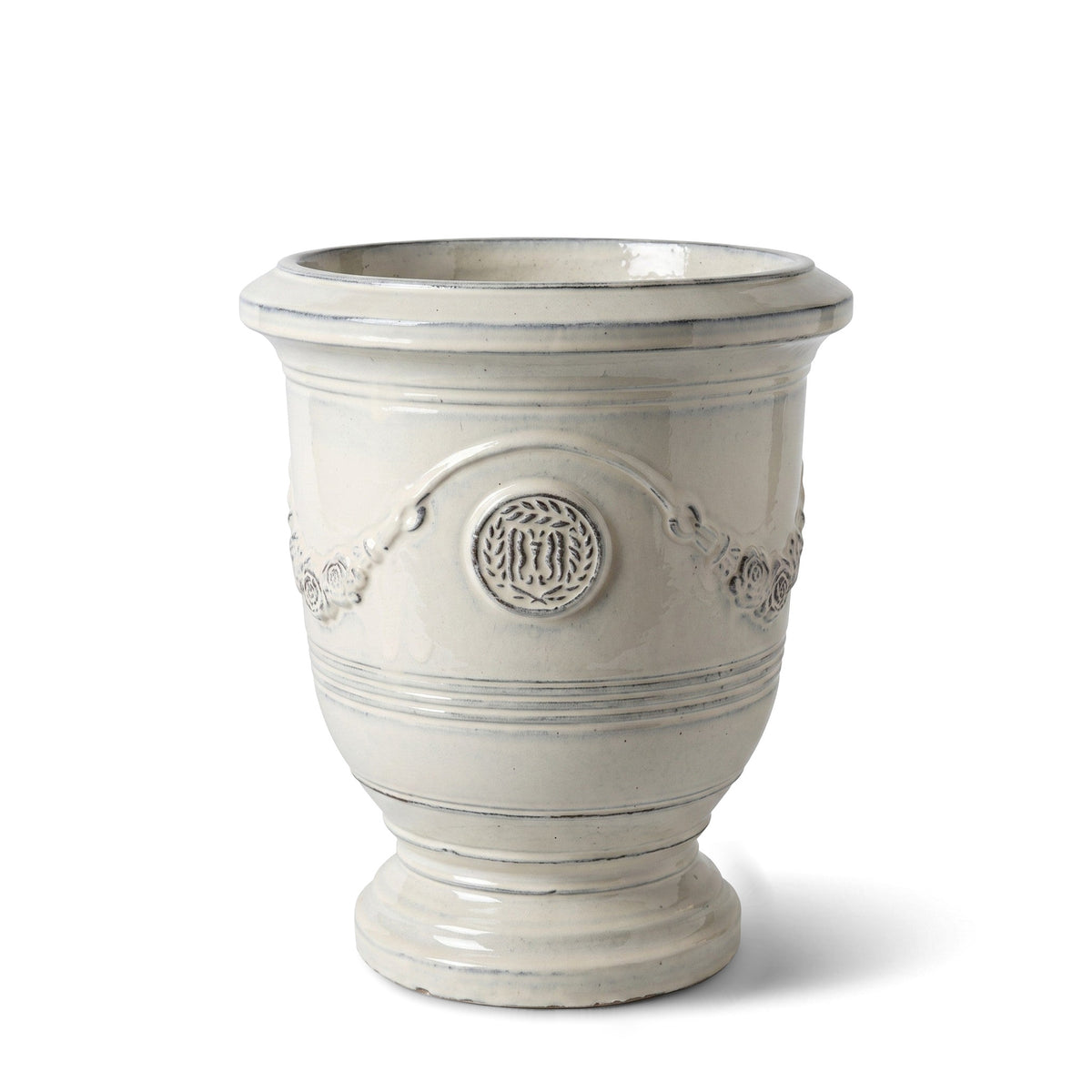 Pot RICHELIEU avec pied 46x56 cm crème en terre cuite émaillée, vue de face sur fond blanc