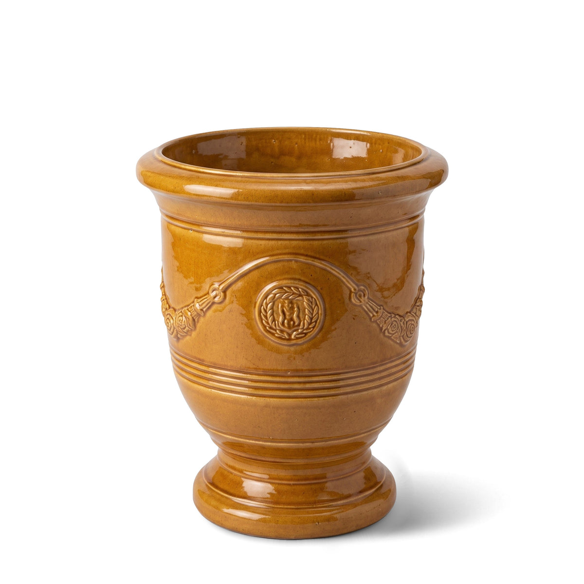 Pot RICHELIEU avec pied 46x56 cm miel en terre cuite émaillée, vue de face sur fond blanc