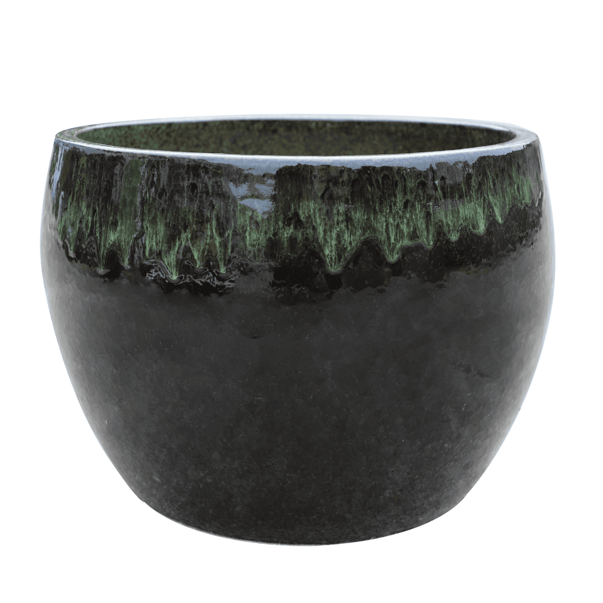 Pot ROMULUS rond 31x23 cm noir et vert en terre cuite émaillée, vue de face sur fond blanc