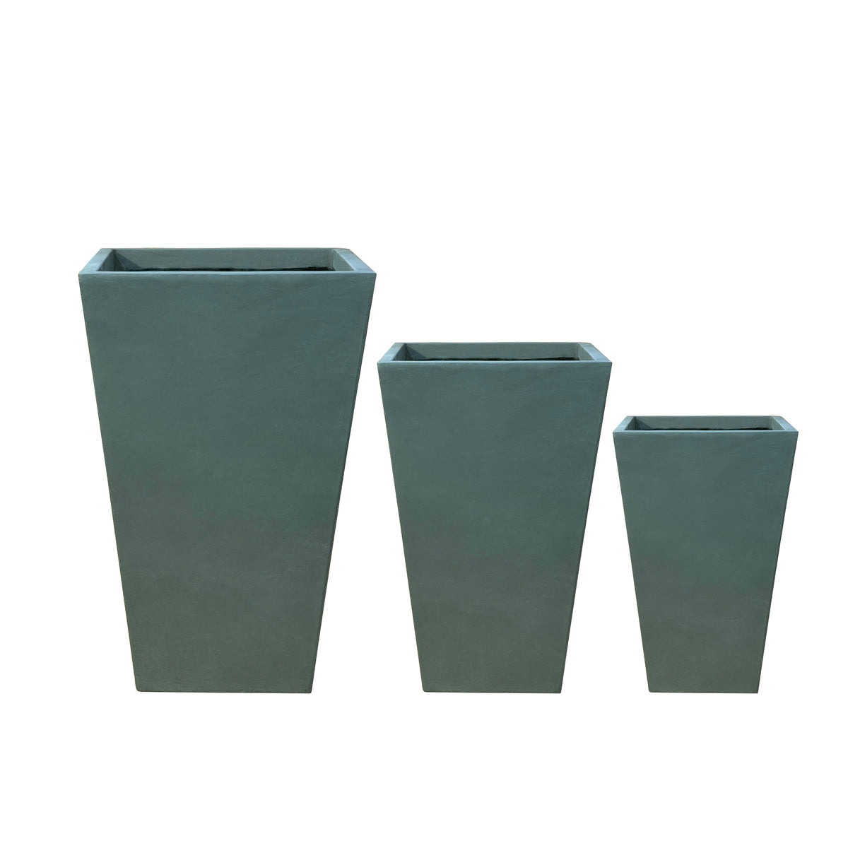 Portavaso preforato Aeris rettangolare verde scuro in calcestruzzo fibrorinforzato, tre dimensioni su sfondo bianco