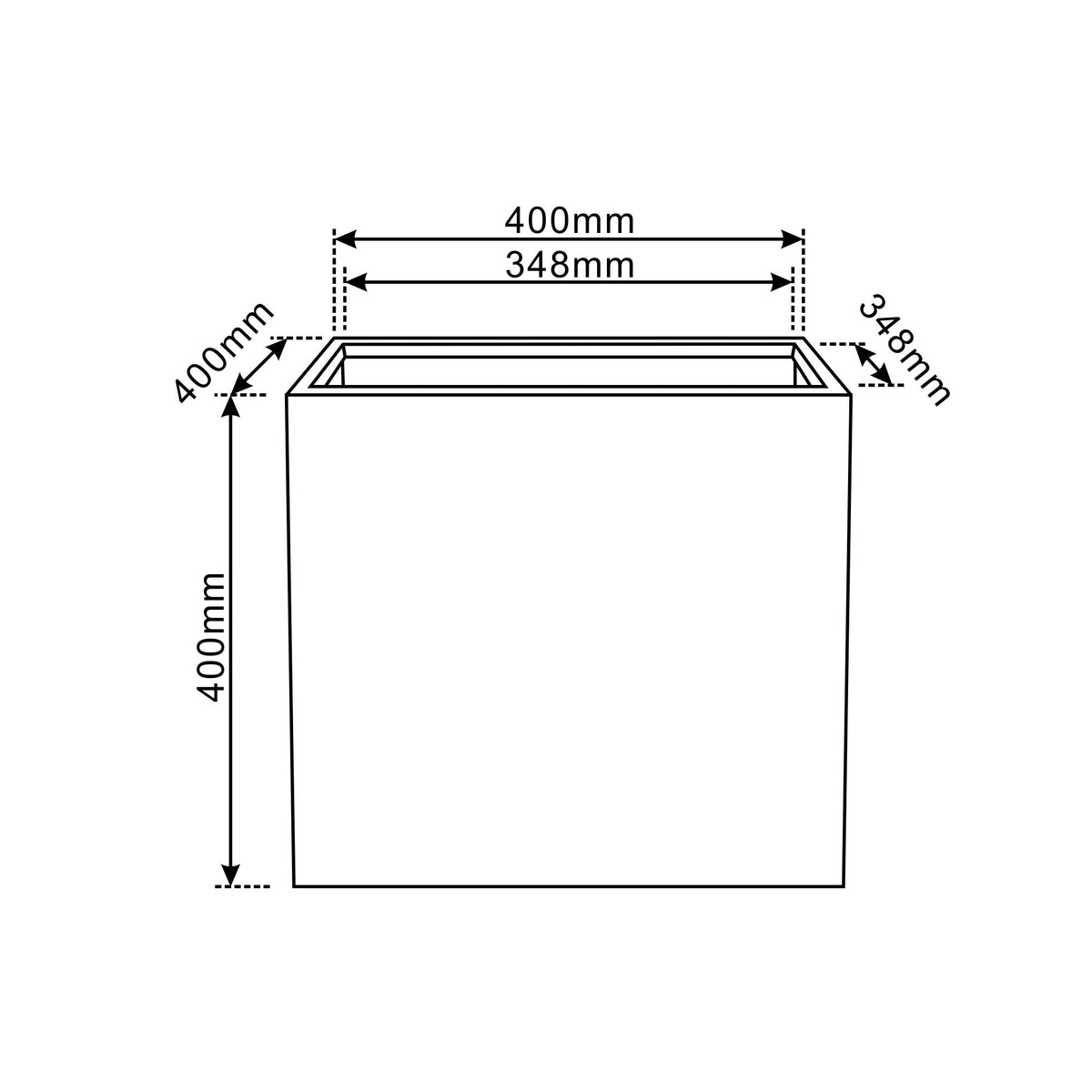 Pre-drilled Kubix rectangle Dark Green fibre concrete cachepot, with dimension diagram