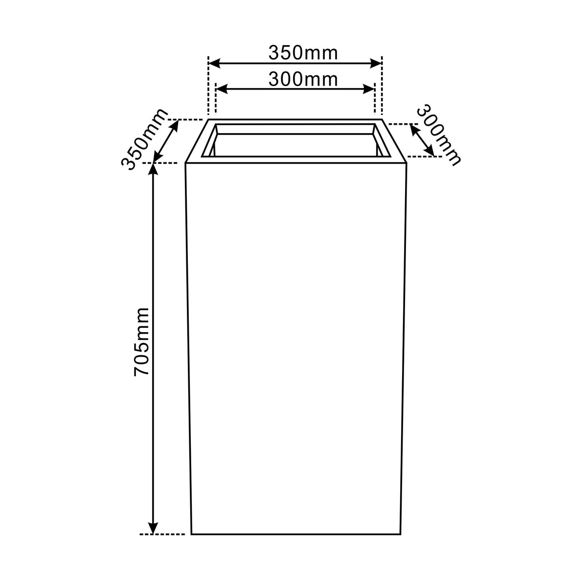 Portavaso preforato Kubix rettangolare grigio scuro in calcestruzzo fibrorinforzato, schema quotato della vista frontale