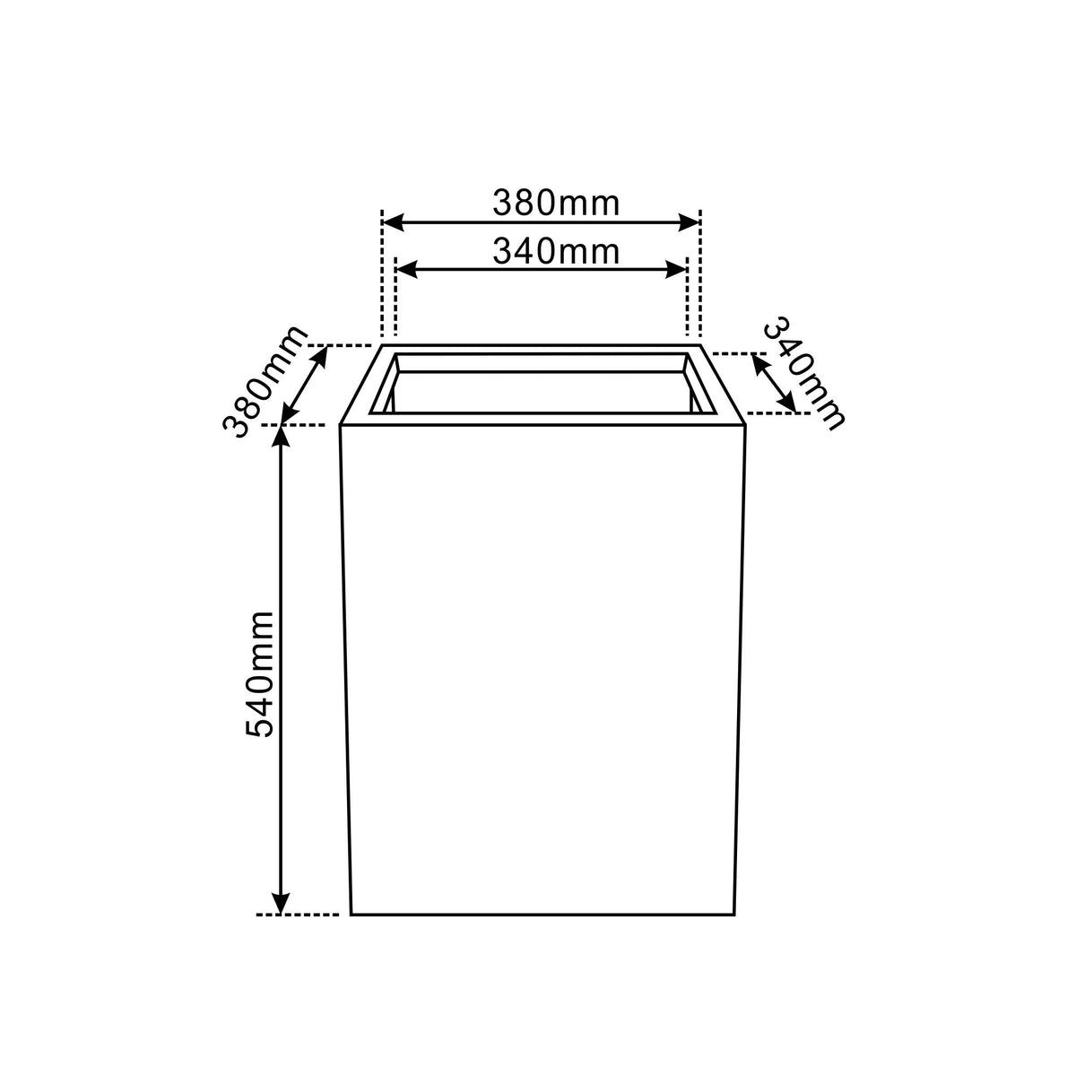 Portavaso preforato Kubix rettangolare grigio scuro in calcestruzzo fibrorinforzato, schema quotato frontale
