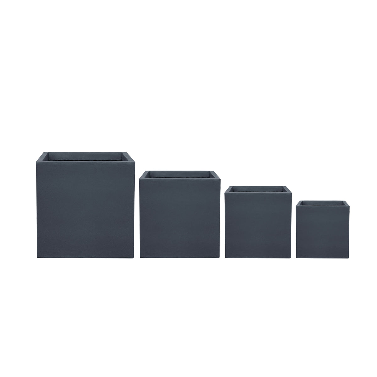 Pre-drilled Kubix rectangle Dark Grey fibre concrete cachepot, four sizes aligned from the front