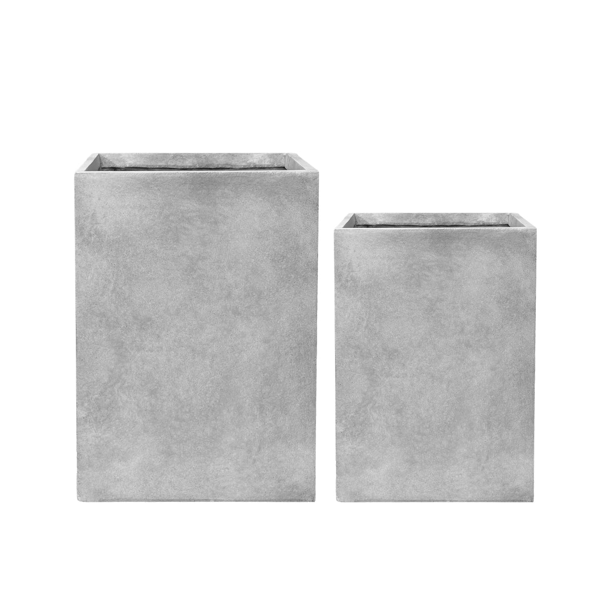 Cache-pot pré percé Kubix rectangle gris clair en béton fibré, deux formats vus de face