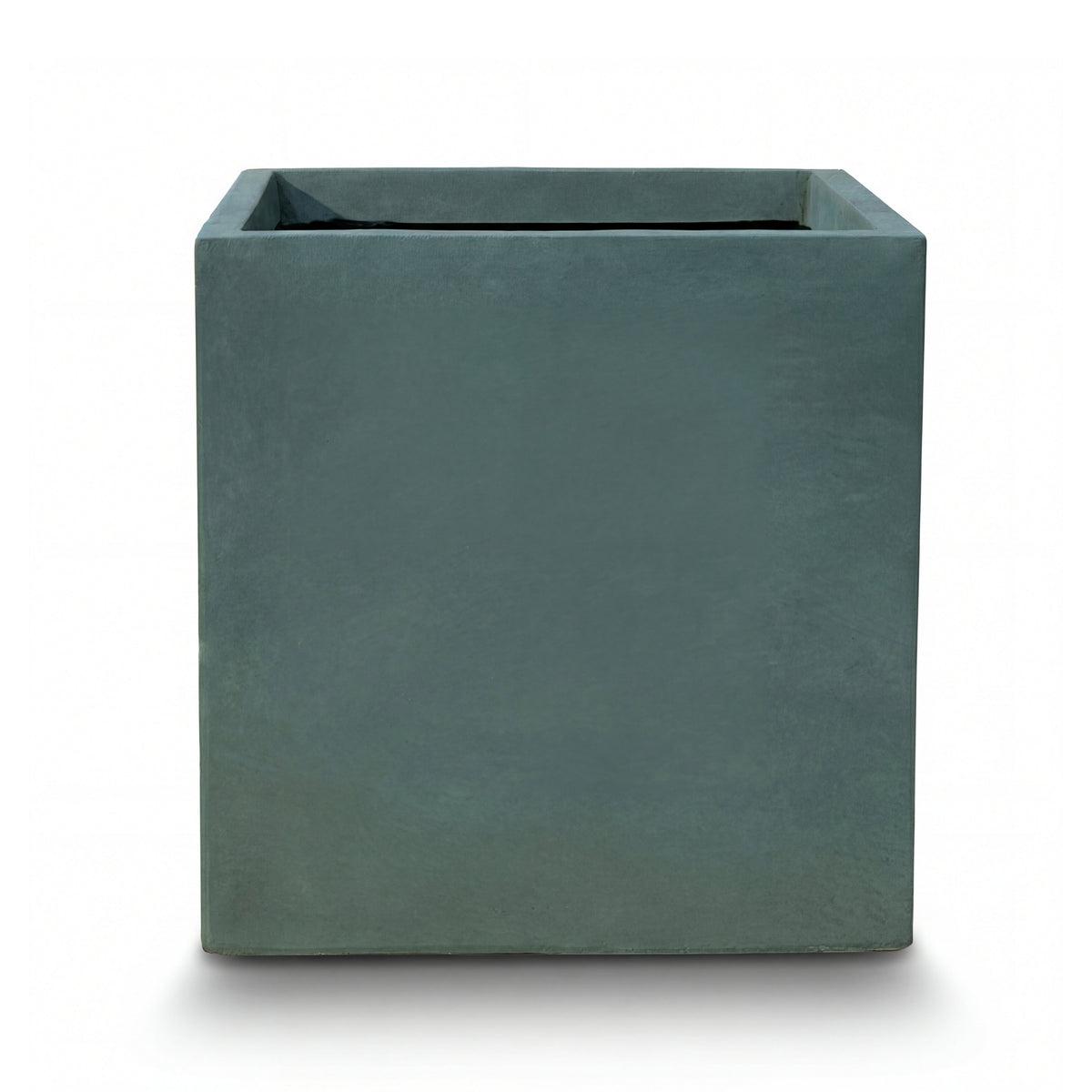Pre-drilled Kubix rectangular 60x60 cm Dark Green fibre concrete cachepot, front view on white background