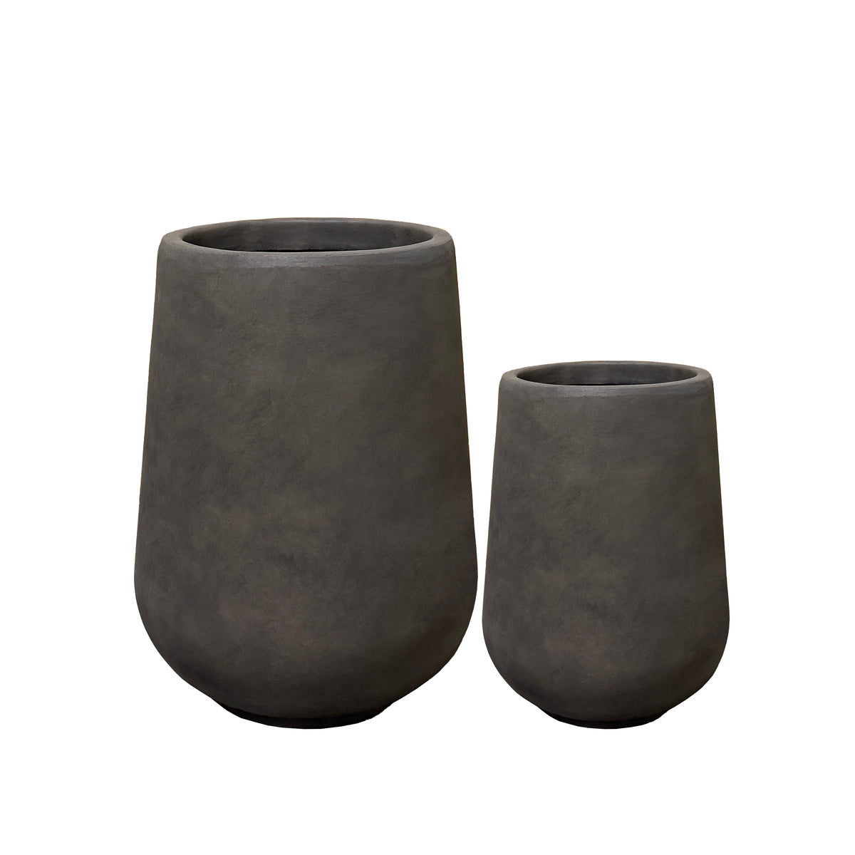 Pre-drilled Monolith Brown fibre concrete cachepot, two formats shown from the front